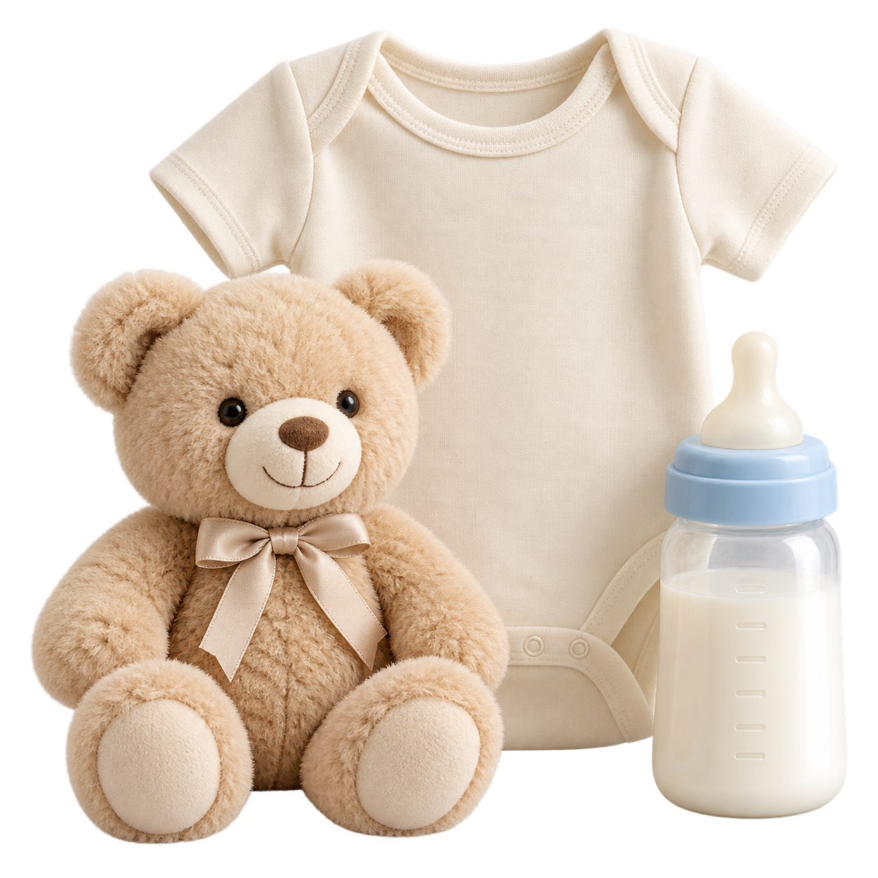 Cream baby bodysuit, beige teddy bear and milk bottle