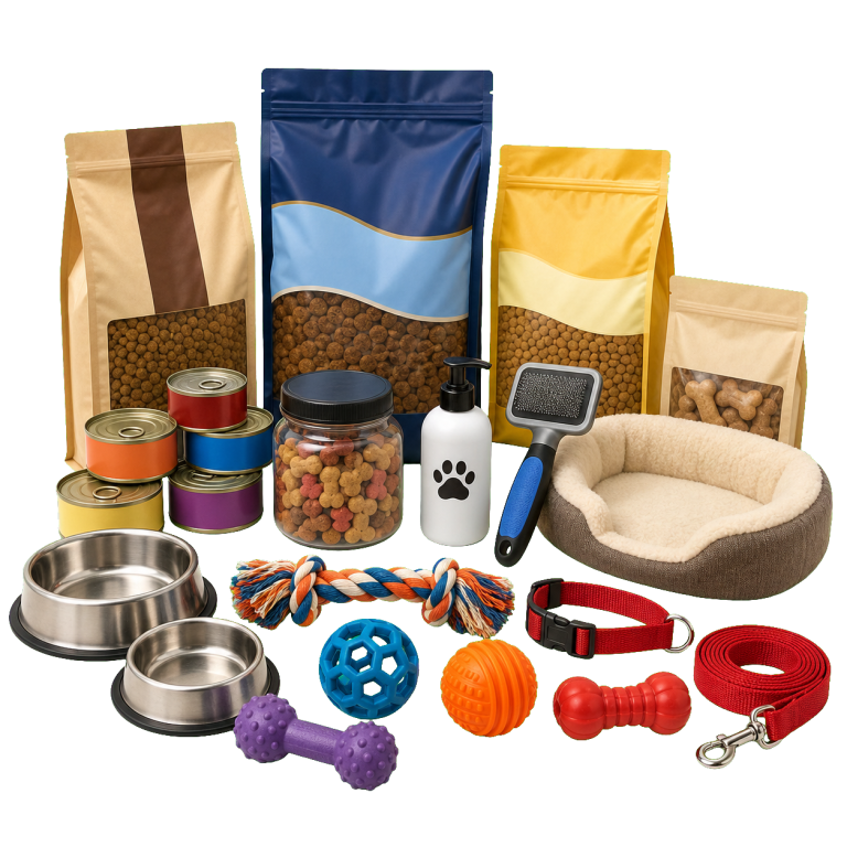 Assorted pet food, bowls, toys, grooming products, bed, collar, and leash