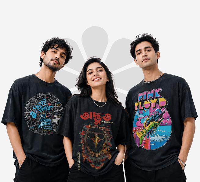 Three models wearing printed premium T-shirts
